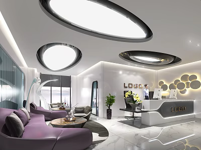 Elegant Modern Front Desk Reception Area Design With Circular Lighting And Purple Sofa Decorative Wall 3d model