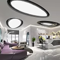 Elegant Modern Front Desk Reception Area Design With Circular Lighting And Purple Sofa Decorative Wall