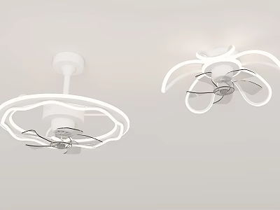 Modern White Ceiling Fans With Circular Light And Rotating Blades Design 3d model