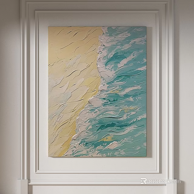 Oil Painting with Yellow Sand and Turquoise Sea Waves Textured Brushstrokes on White Wall 3d model 