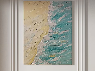 Oil Painting with Yellow Sand and Turquoise Sea Waves Textured Brushstrokes on White Wall 3d model