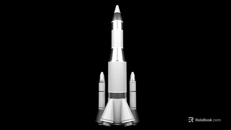 3D Rendered Silver Rocket With Side Boosters And Sleek Metallic Design 3d model 