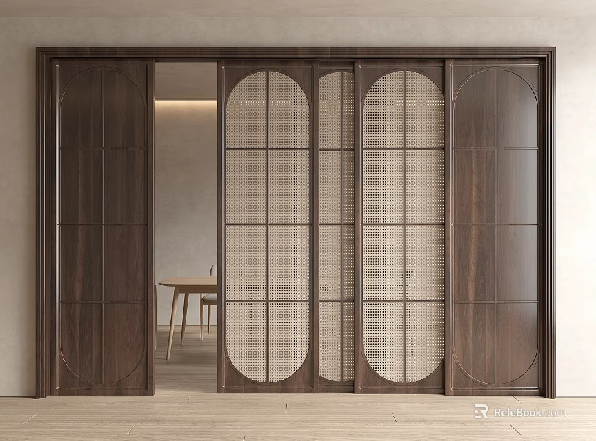 Modern Dark Wooden Sliding Doors With Lattice Design In Interior Space 3d model 