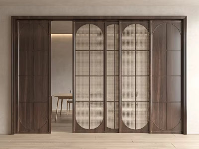 Modern Dark Wooden Sliding Doors With Lattice Design In Interior Space 3d model