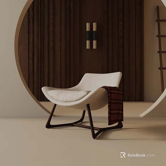 White Lounge Chair With Plaid Blanket On Wooden Wall Background And Circular Decor 3d model 
