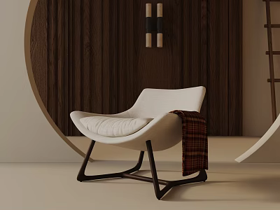 White Lounge Chair With Plaid Blanket On Wooden Wall Background And Circular Decor 3d model