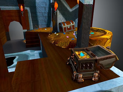 Ornate Wooden Storage Chest Filled With Gold Coins And Gems On Wooden Floor 3d model