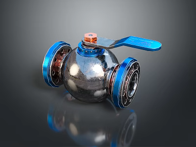 Shiny Silver Industrial Ball Valve With Blue Handle And Flanged Connections 3d model