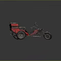 Striking Red Three Wheeled Motorcycle with Sidecar Black Seats and Metal Frame