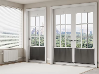 White Hinged Doors With Glass Panels In Modern Interior Overlooking City And Green Park 3d model