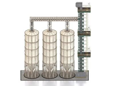 Industrial Equipment Featuring Three Large Storage Tanks And Tall Tower With Stairs And Base Platform 3d model