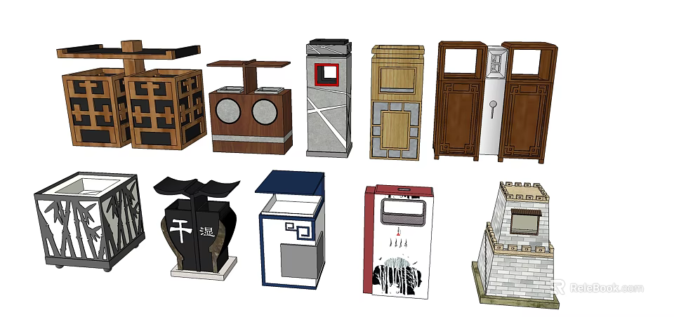 Various Public Facilities Designs Including Trash Bins Phone Booths And Vending Machines 3d model 