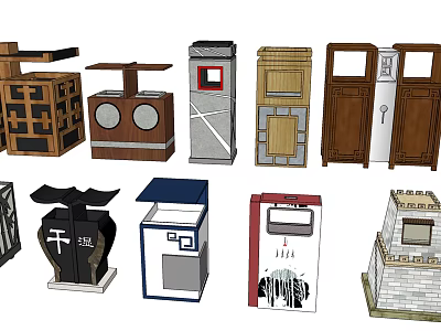 Various Public Facilities Designs Including Trash Bins Phone Booths And Vending Machines 3d model