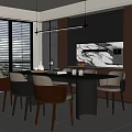 Modern Dining Room Interior With Dining Table Chairs Marble Backsplash And Pendant Lights