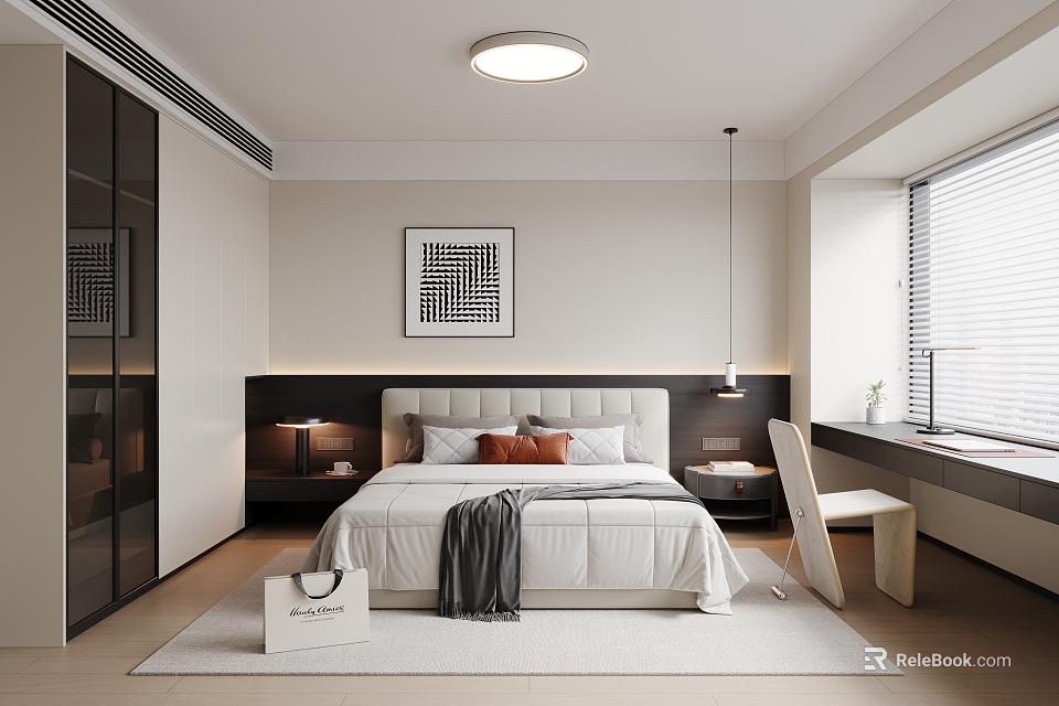 Modern Minimalist Bedroom Interior Design With Bed Pillows Blanket Bedside Tables Lamps Window And Rug 3d model 