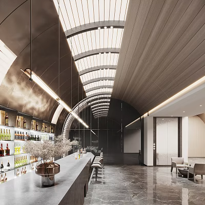 Modern Bar Interior Featuring Arched Ceiling Glass Skylights Stylish Bar Counter And Comfortable Seating 3d model