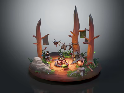 Cozy Cartoon Forest Campfire Scene With Tree Trunks Hanging Cloths Grass And Stones 3d model