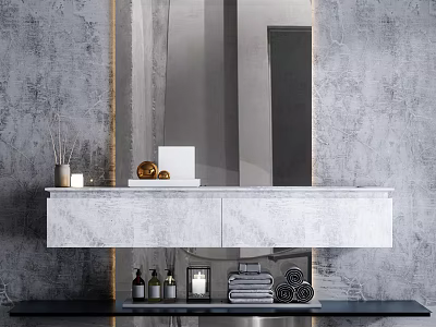 Modern Bathroom Vanity With Marble Countertop Large Mirror Textured Gray Wall And Decorative Items 3d model