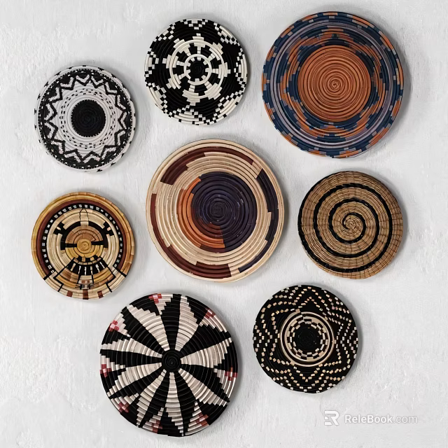 Woven Circular Wall Decor With Various Patterns And Colors On White Wall 3d model