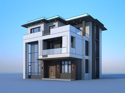 Modern Detached Villa Exterior Design With Large Glass Windows And Balconies 3d model