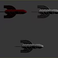 Three Different Colored Rocket Weapons Red White Silver On Gray Background With Reflections