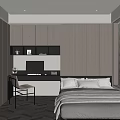 Modern Bedroom Interior With Bed Desk Chair Window Blinds And Built-in Cabinets