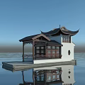 Ancient Chinese Architecture Pavilion With Curved Roof Standing On Water Reflection