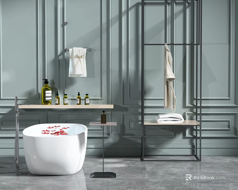 White Bathtub with Red Petals and Essential Oil Bottles on Side Shelf in Modern Bathroom 3d model 