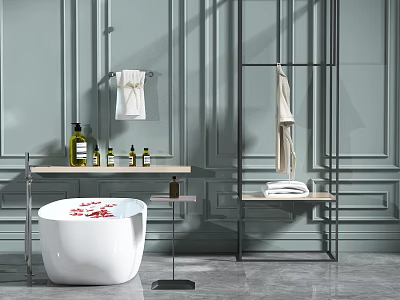 White Bathtub with Red Petals and Essential Oil Bottles on Side Shelf in Modern Bathroom 3d model