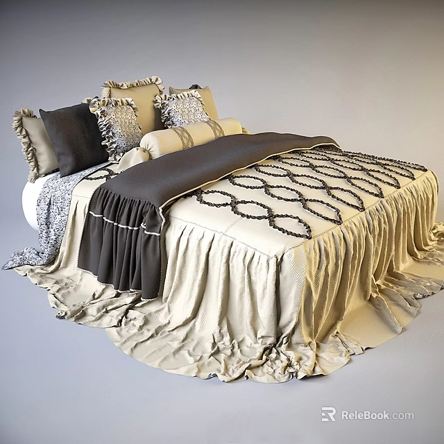 Elegant Double Bed With Beige Dark Brown Bedding Fringed Pillows And Ruched Design 3d model 