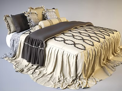 Elegant Double Bed With Beige Dark Brown Bedding Fringed Pillows And Ruched Design 3d model