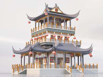 Ancient Architecture Multi Story Tower With Curved Eaves Roof Red Lanterns Balustrades And Stone Steps 3d model