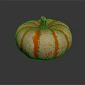 Fresh Small Round Pumpkin With Orange Red Stripes And Yellow Spots On Black Reflective Background