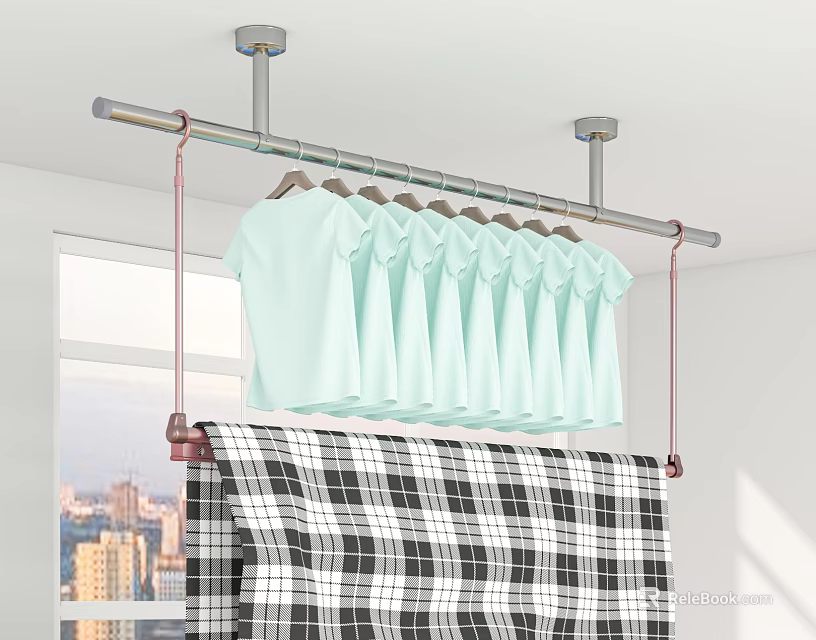 Ceiling Mounted Clothes Hanger With Light Blue Clothes And Plaid Towel 3d model