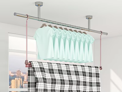 Ceiling Mounted Clothes Hanger With Light Blue Clothes And Plaid Towel 3d model
