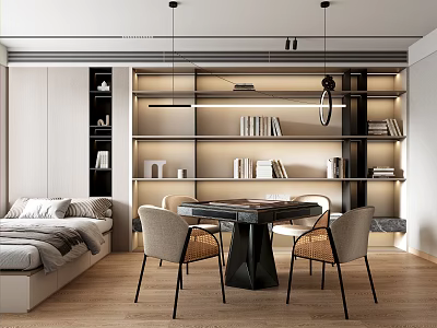 Modern Game Room Interior With Mahjong Table Chairs Bookshelves And Bed 3d model