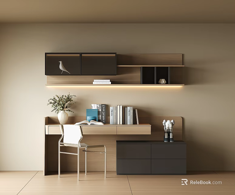 Modern Home Office Desk with Chair Books Plant and Wall Mounted Shelves 3d model 