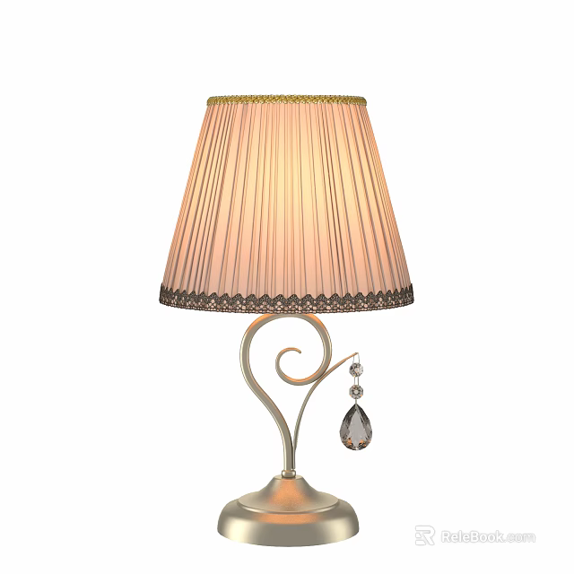 Elegant Table Lamp With Pink Pleated Lampshade Lace Trim And Crystal Pendant 3d model 