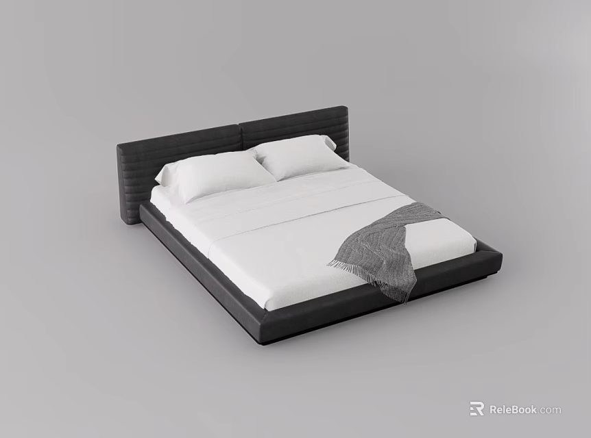 Modern Double Bed With Black Headboard White Sheets And Gray Throw Blanket 3d model 