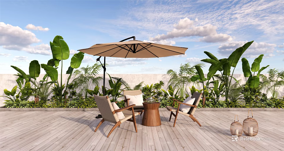 Outdoor Chairs with Patio Umbrella and Small Table on Wooden Deck Surrounded by Green Plants 3d model 