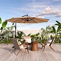 Outdoor Chairs with Patio Umbrella and Small Table on Wooden Deck Surrounded by Green Plants