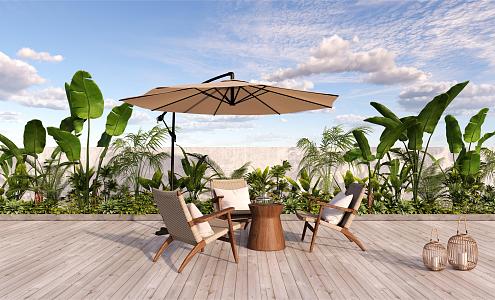 Outdoor Leisure Tables and Chairs Silent Wind Green Plant Flower Art Outdoor Sun Umbrella Rattan Floor Lamp 3d model