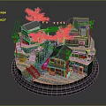 Ancient Architecture Model With Traditional Houses Cherry Blossom Trees Small Bridges Stream And Stone Pavement