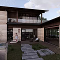 Modern Homestay Building Design With Courtyard Glass Doors And Wooden Elements