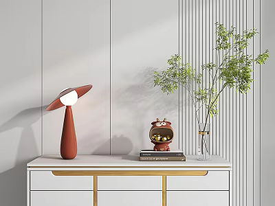 Decorative Ornament Set With Red Lamp Plant Vase Books On White Cabinet Gray Wall 3d model