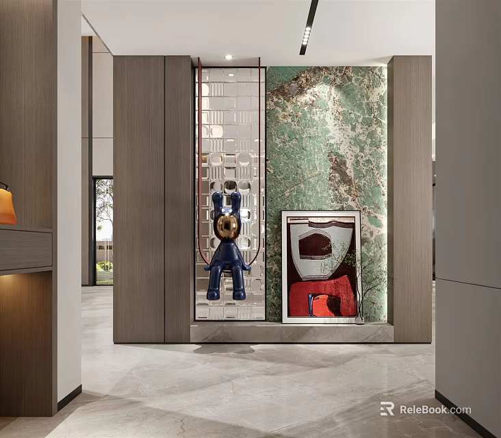 Modern Entryway Interior Design With Marble Wall Decorative Art And Sculpture 3d model 