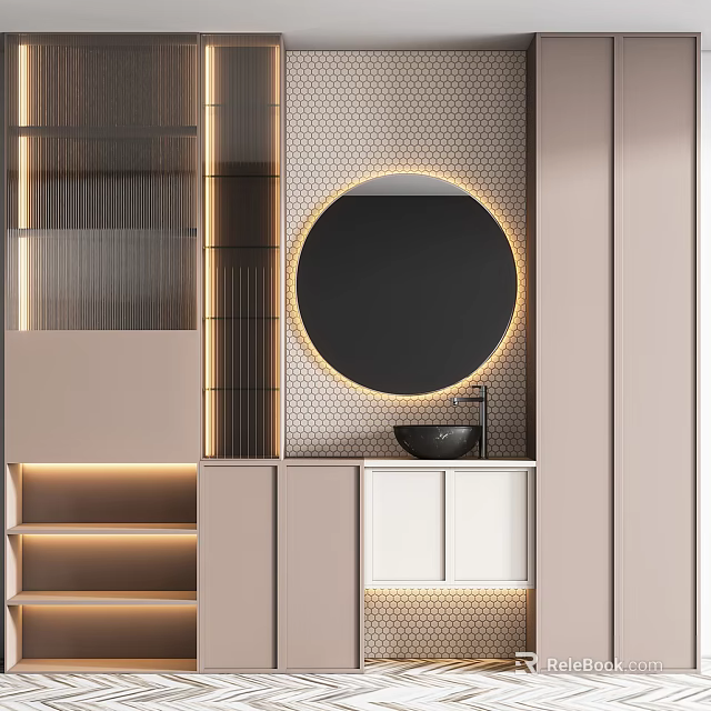 Modern Bathroom Vanity With Illuminated Round Mirror Honeycomb Pattern Wall And Storage Cabinets 3d model 