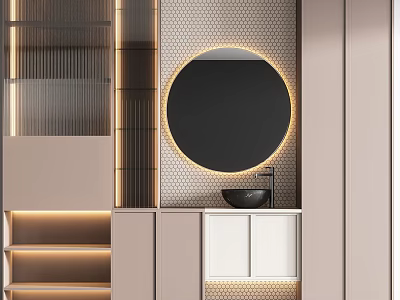 Modern Bathroom Vanity With Illuminated Round Mirror Honeycomb Pattern Wall And Storage Cabinets 3d model