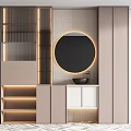 Modern Bathroom Vanity With Illuminated Round Mirror Honeycomb Pattern Wall And Storage Cabinets