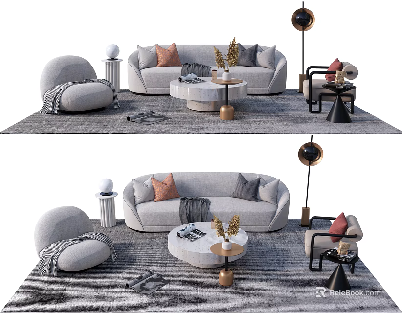 Modern Gray Sofa and Coffee Table Set With Round Table Throw Pillows and Floor Lamp 3d model